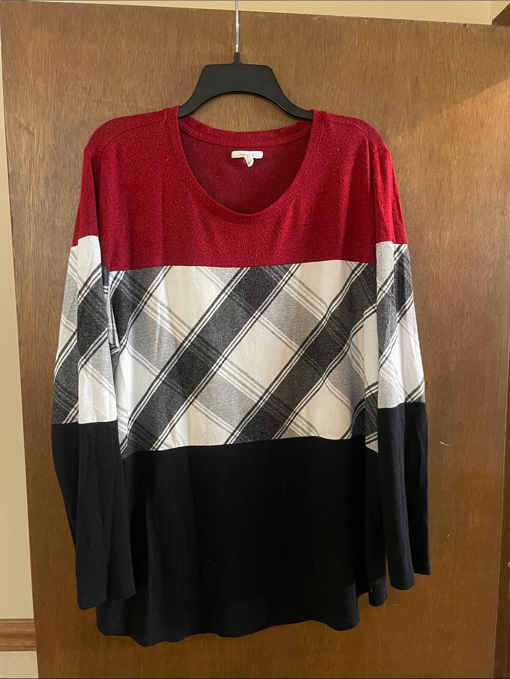 Maurices Red, White & Black Plaid Block Crew Sweater